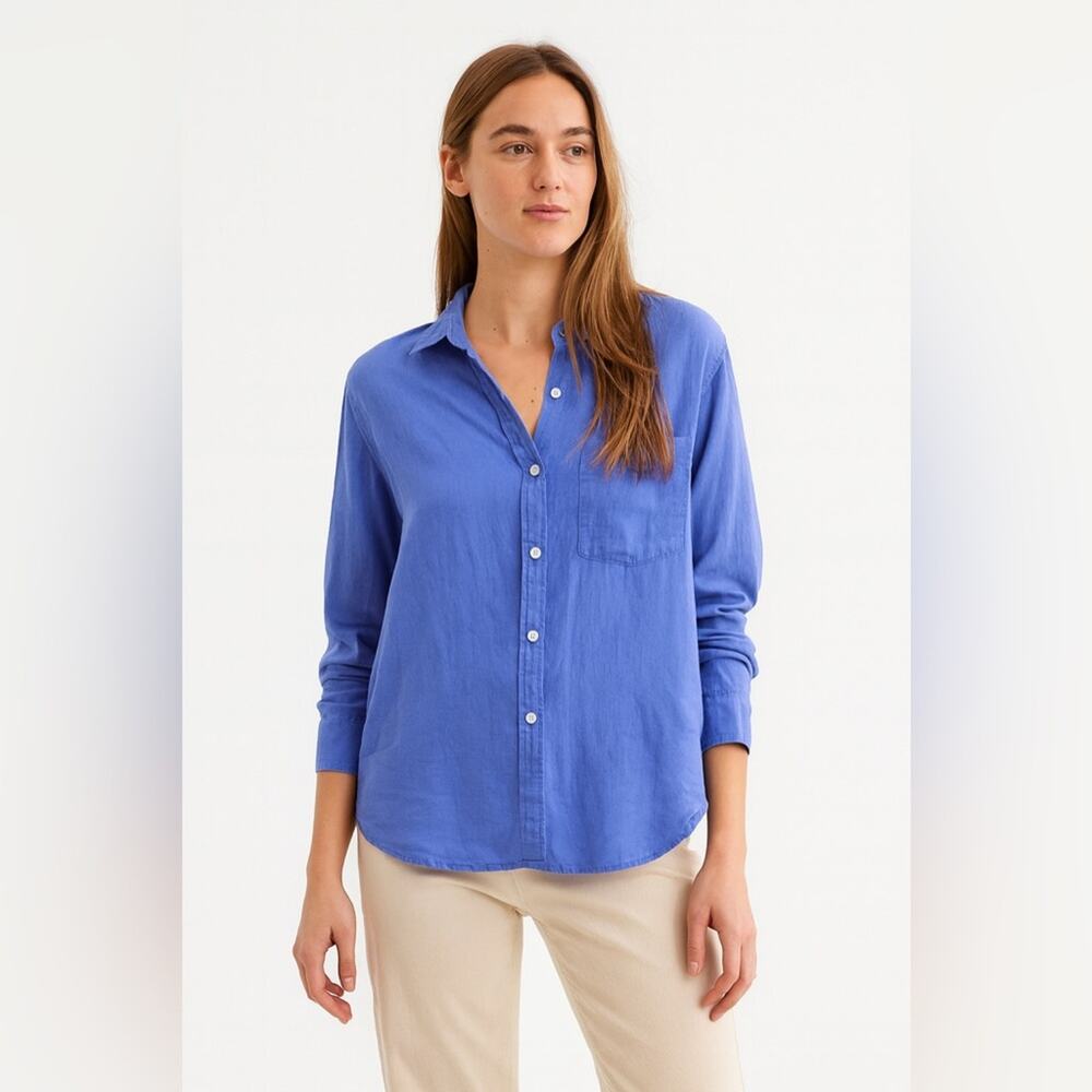 H&M Linen Blend Button Down Shirt Size M Blue Coastal Basic